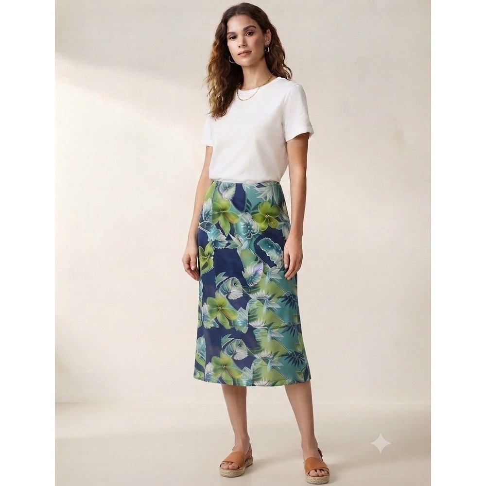 Nygard Collection Woman's Silk Green Blue Floral Hawaiian Lined Wrapped Skirt 16